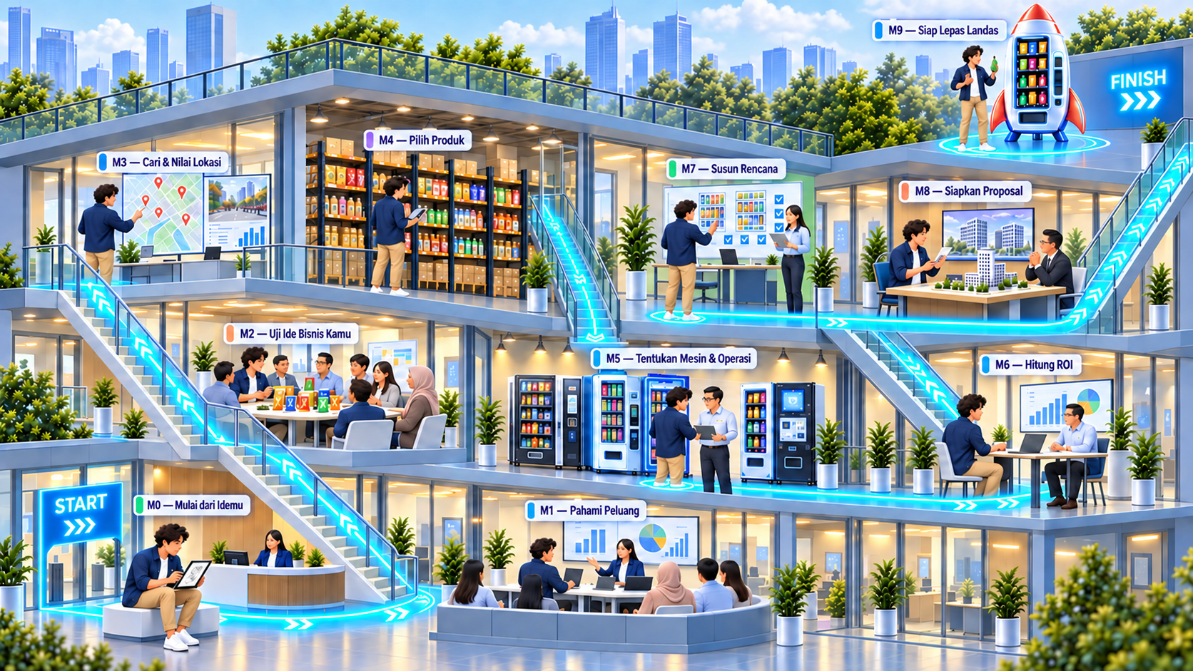 Perjalanan persiapan bisnis vending di Smartven Launch Campus, dari M0 di lobby hingga M9 di rooftop bersama rocket vending machine yang siap lepas landas.